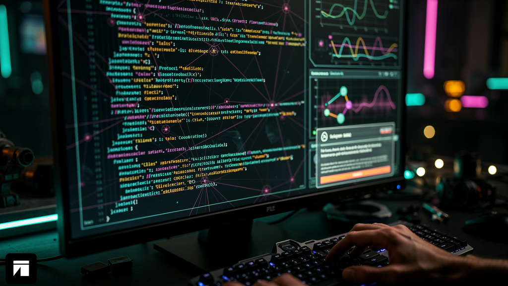 Checklist avançado de 7 passos para Protocolo Agent-to-Human — Um close-up de uma tela de computador mostrando um agente de IA 'pensando', com linhas de código e diagramas complexos. Uma pequena janel