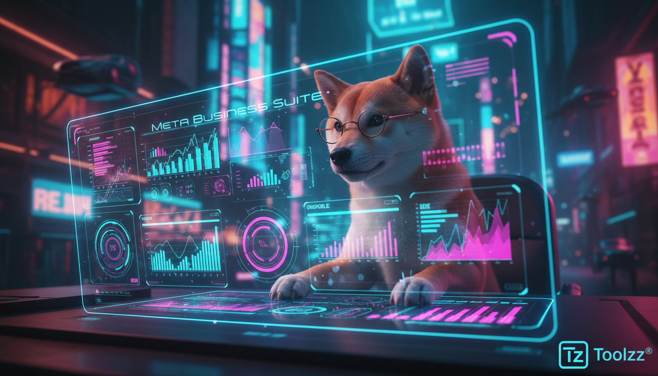 Checklist avançado de 7 passos para transformar comentários no Instagram em vend — Um painel de controle da Meta Business Suite sendo observado por um Shiba Inu curioso, com óculos de leitura. O paine