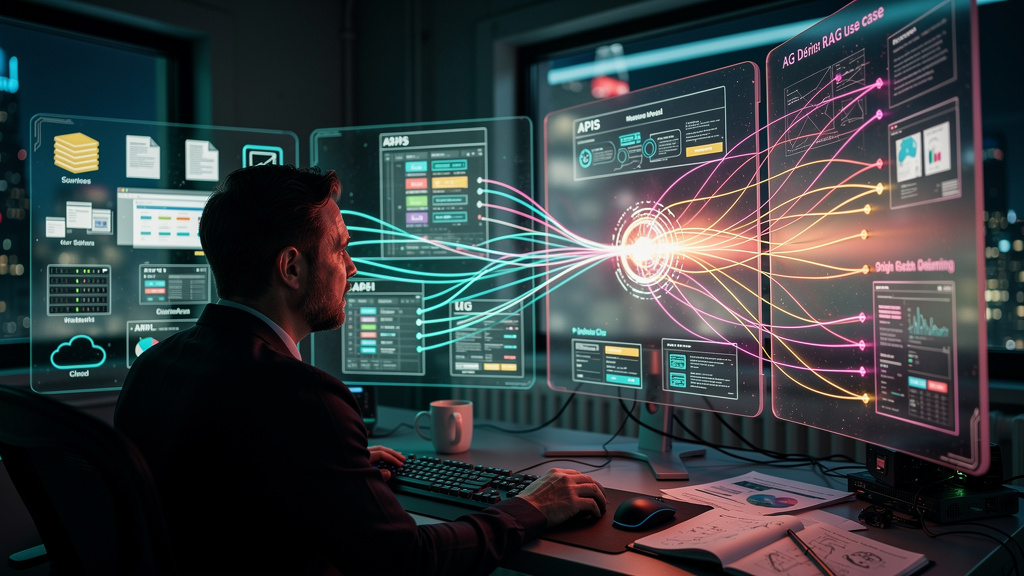 Checklist de 7 passos para RAG com LLMs Open Source — Um especialista analisa um fluxo de dados complexo em um painel de controle, destacando a importância de definir um caso de uso específico para RA