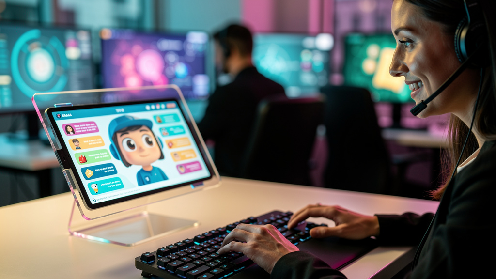 Checklist: Preparar Equipe para Atendimento Híbrido em 2026 — Close-up de um agente de atendimento ao cliente (rosto sorridente, com headset) interagindo com um chatbot em um tablet transparente. O ch