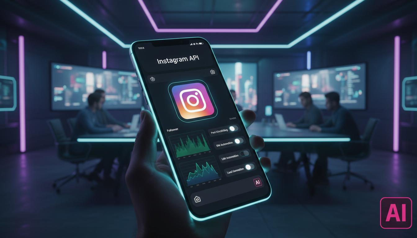 Checklist: preparar equipe para Automação no Instagram 2026 — Um close-up de uma tela de smartphone exibindo a API do Instagram integrada com a plataforma Toolzz AI. A interface mostra dados analítico