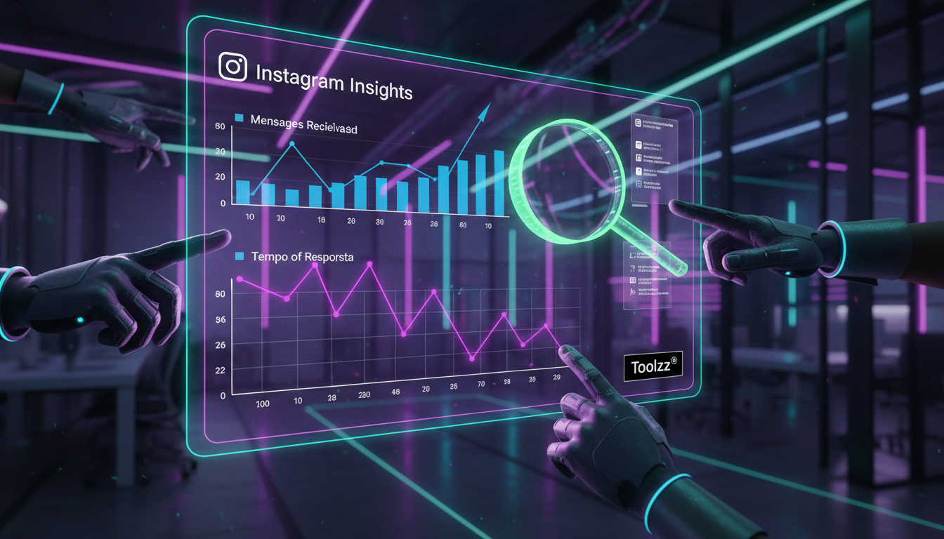 Checklist: preparar equipe para Chatbot Instagram 2024 — Um painel de análise do Instagram Insights exibido em um monitor, mostrando gráficos de mensagens recebidas e tempo de resposta. Uma lupa focad