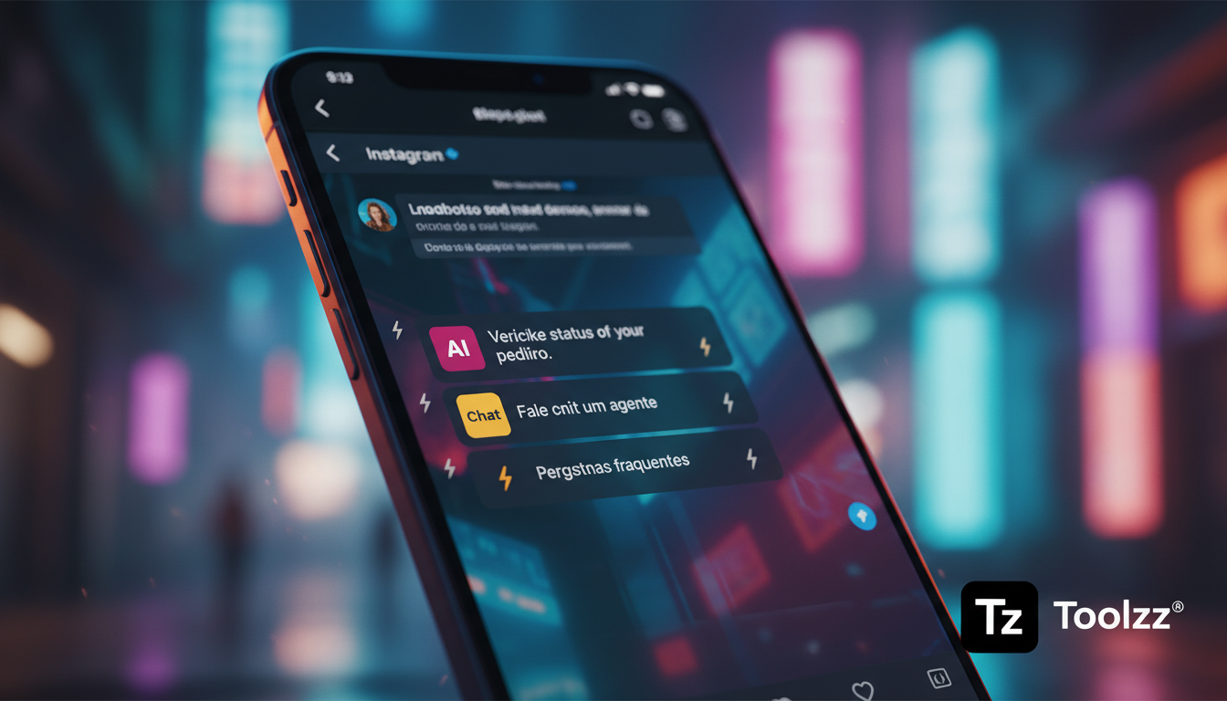 Checklist: preparar equipe para Meta Business Suite IA — Um close-up estilizado de um smartphone mostrando uma conversa de DM no Instagram. A interface da conversa exibe sugestões de respostas automát