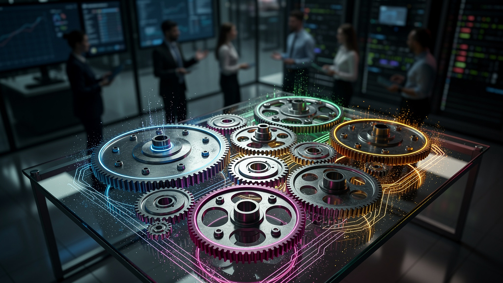 Checklist: preparar equipe para Model Context Protocol (MCP) em 2026 — Ilustração isométrica de uma série de engrenagens interconectadas, cada uma representando um diferente modelo de IA (chatbots, ag