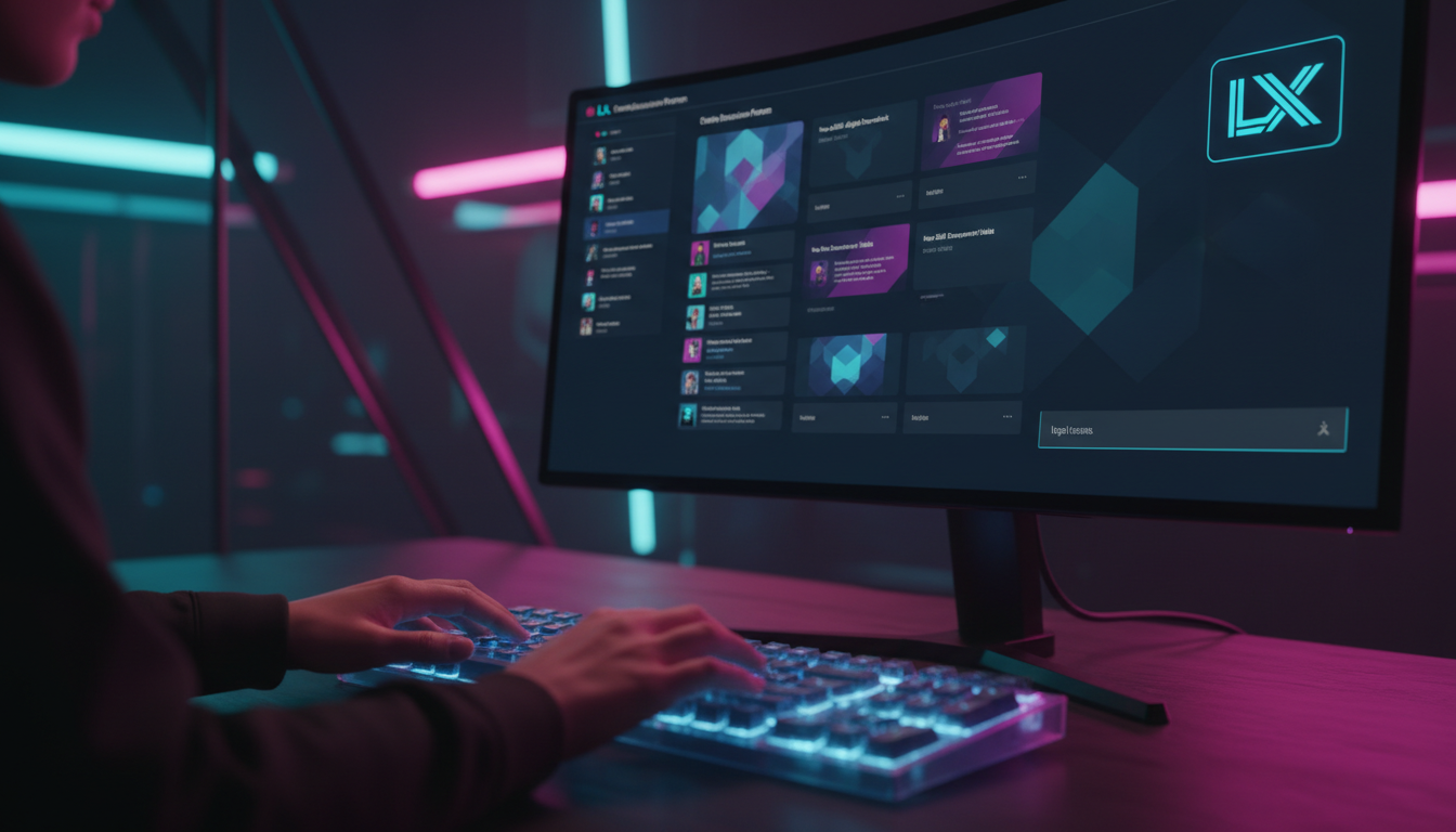 Checklist rápido para iniciar Fóruns em LXP hoje — Um close-up de mãos digitando em um teclado, com um monitor ao fundo mostrando um fórum de discussão da Toolzz LXP. A interface do fórum é limpa e or