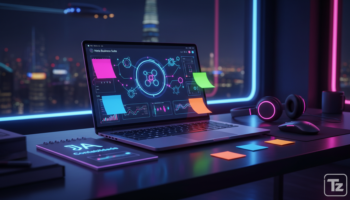 Checklist rápido para iniciar Meta Business Suite IA hoje — Uma mesa de escritório organizada com um laptop aberto mostrando a Meta Business Suite. Post-its coloridos ao redor do laptop com palavras c