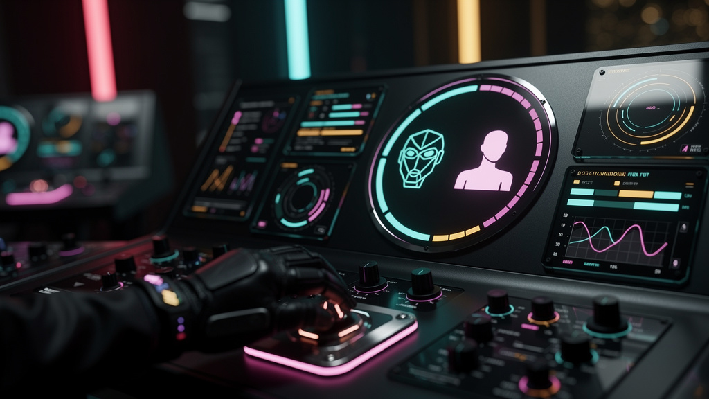 Checklist rápido para iniciar Protocolo Agent-to-Human em 2026 — Um close-up estilizado de um painel de controle futurista com diversos indicadores e gráficos. Um dos indicadores destaca a transição s