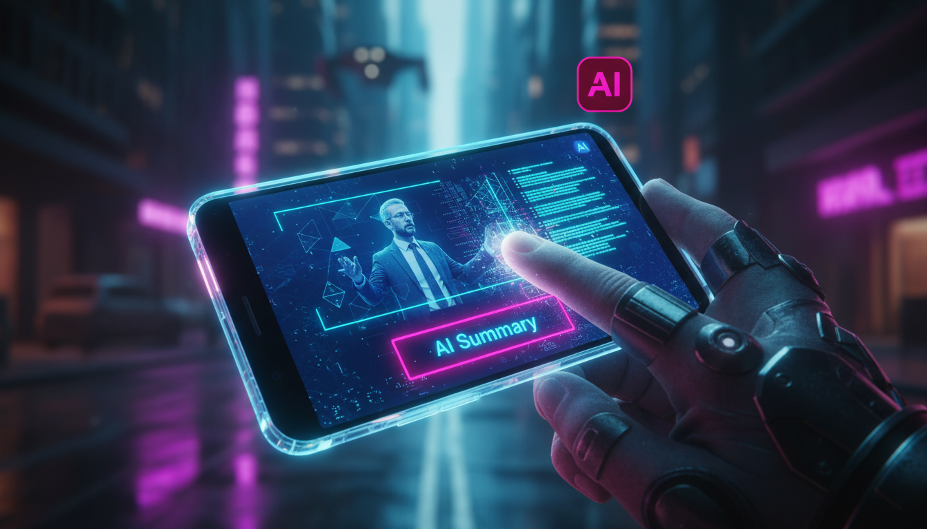 Checklist rápido para iniciar Resumo de Aulas com IA em LXP hoje — Um close-up estilizado de um smartphone mostrando a interface do Toolzz LXP. A tela exibe um vídeo de treinamento com a opção de 'Res