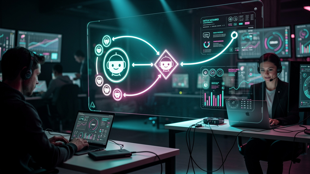 Checklist rápido para iniciar Transferência IA para Humano hoje — Um fluxograma ilustrando o processo de transferência de IA para humano. O fluxograma começa com um chatbot interagindo com um cliente,