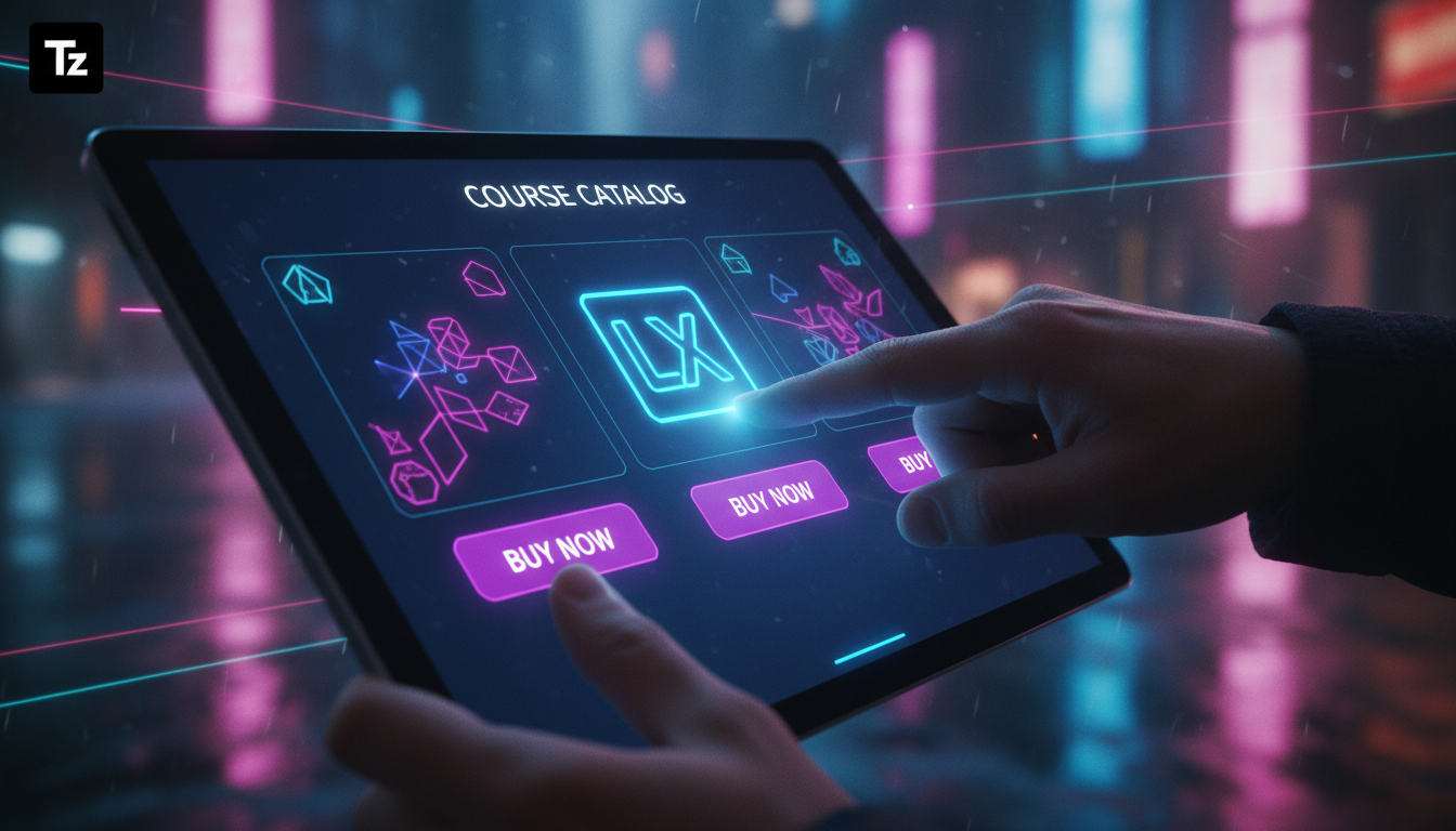 Checkout Integrado vs LMS: qual vale mais a pena em 2026? — Close-up das mãos de um usuário interagindo com uma interface de LXP em um tablet. A tela mostra um catálogo de cursos com botões de 'Compra