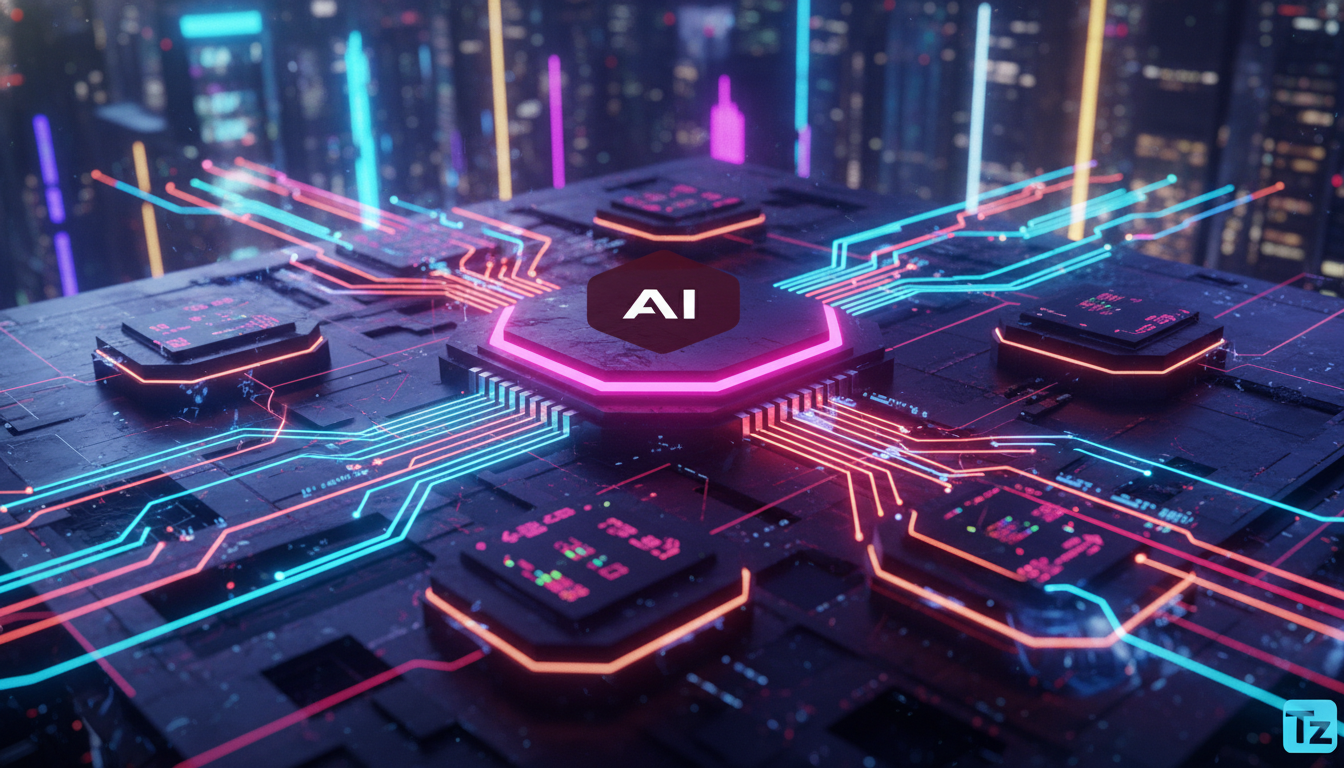 Chip de IA: Quais Características Superam a Nvidia? — Ilustração detalhada da arquitetura interna de um chip de IA, mostrando o fluxo de dados através de diferentes unidades de processamento. Use core