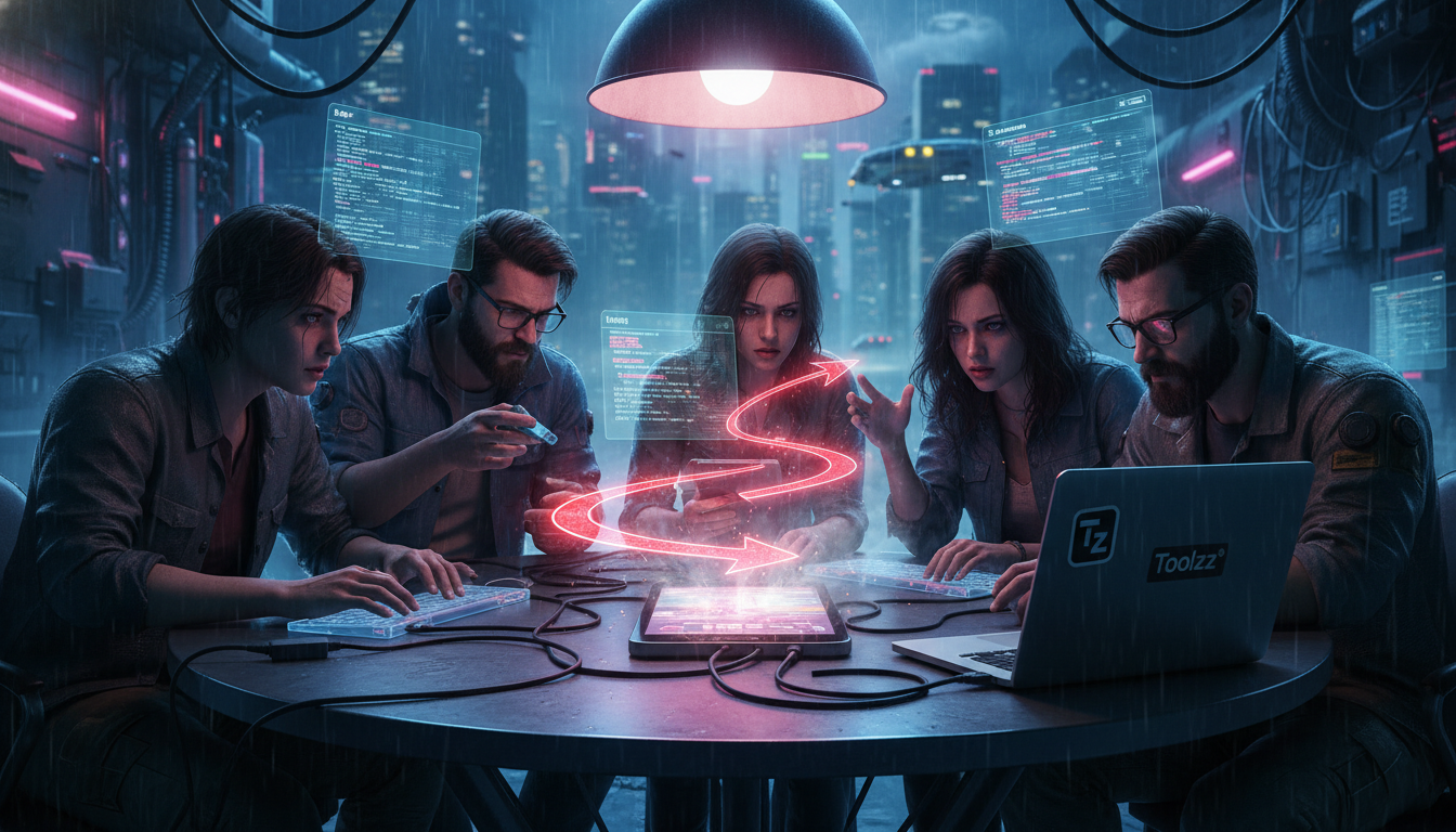 CI/CD para Flutter com GitHub Actions: Qualidade, Ambientes e Deploy — Uma ilustração que mostra um fluxo de trabalho manual de deploy de aplicativos mobile. Vários desenvolvedores em volta de uma mes