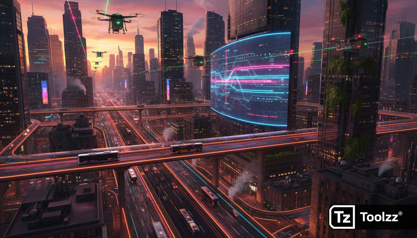 Cidades Inteligentes: Como a IA Moldará o Futuro da Vida Urbana — Visão aérea de uma metrópole vibrante ao entardecer, com drones entregando encomendas e ônibus autônomos circulando por ruas iluminada
