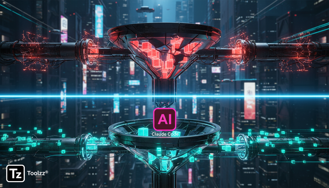 Claude Code: Aumente sua Produtividade com IA e Segurança — Um diagrama infográfico dividido horizontalmente. Na parte superior, um funil representando o fluxo de trabalho tradicional, com gargalos e 