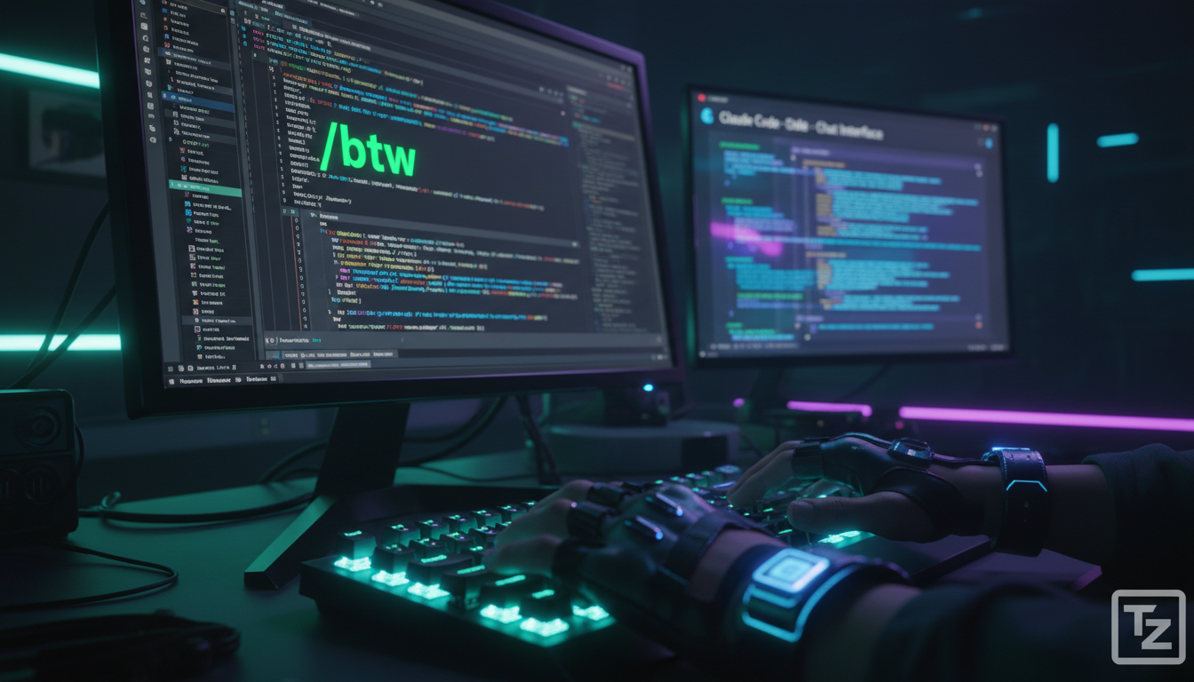 Claude Code: Domine comandos e atalhos para turbinar sua IA — Um close-up das mãos de um programador digitando rapidamente em um teclado retroiluminado, com o comando '/btw' claramente visível na tela