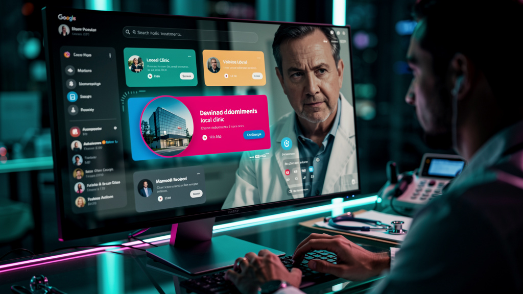 Clínicas e Consultórios: Domine o Google com IA em 2026 — Close-up de uma tela de computador mostrando o AI Overview do Google com informações sobre tratamentos médicos e um destaque para uma clínica 