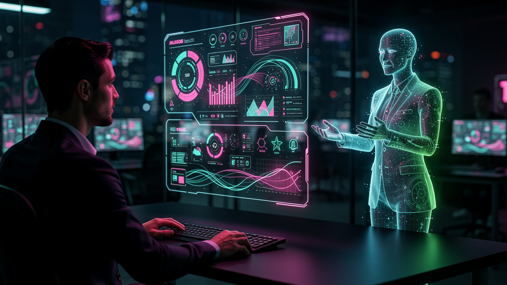 Closer AI: Negocie e Feche Vendas no Piloto Automático — Um agente de IA, visualizado como uma interface holográfica amigável e dinâmica, conduzindo uma conversa de vendas com um cliente virtual. A in