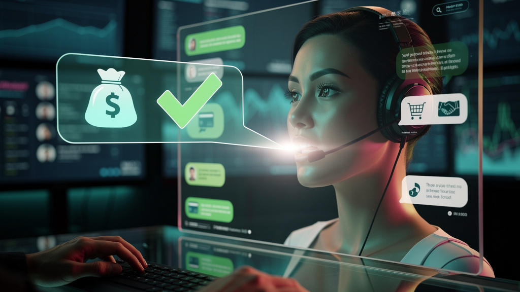 Closer WhatsApp: A IA que Fecha Vendas no Piloto Automático — Um atendente virtual, em estilo de desenho animado, usando fones de ouvido e com um balão de fala saindo da boca. O balão de fala contém í