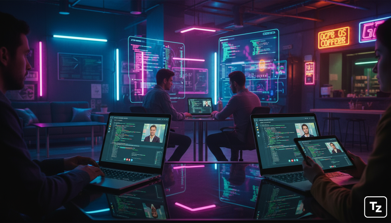 Code Editor Online: Simplifique o Desenvolvimento Web — Um time de desenvolvimento colaborando remotamente em um projeto de código. Cada membro da equipe está em um local diferente (casa, cafeteria, e