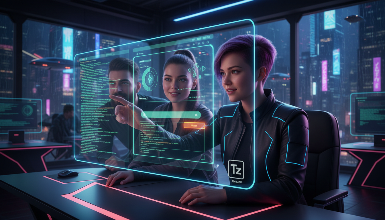 Code Editor & Preview: Agilidade no Desenvolvimento Web — Uma equipe de desenvolvedores colaborando em um projeto web. Um deles aponta para a tela de um editor de código com preview integrado, mostran