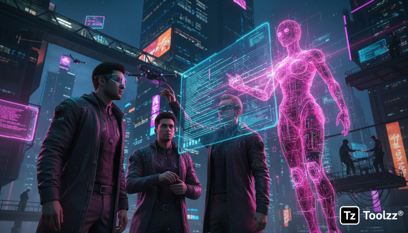 Codificação com IA: A Nova Era da Colaboração em Desenvolvimento de Software — Create a high-end editorial illustration in a modern flat + gradient vector style.  STYLE: Clean, geometric, semi-abstrac