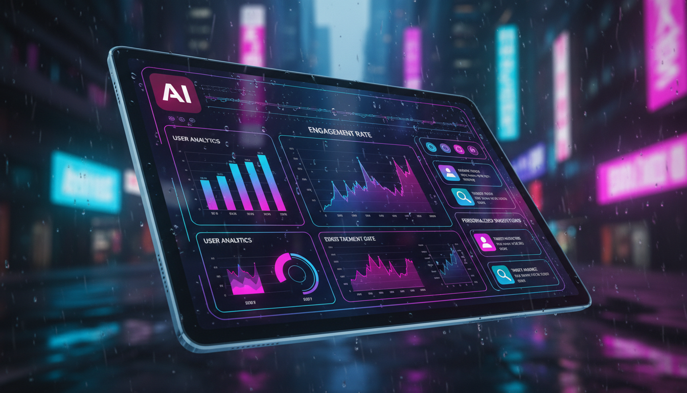 Como a automação de marketing no Instagram evoluirá nos próximos 7 anos — Close-up de uma tela de tablet mostrando um painel de controle de IA com gráficos de desempenho de marketing no Instagram. A i