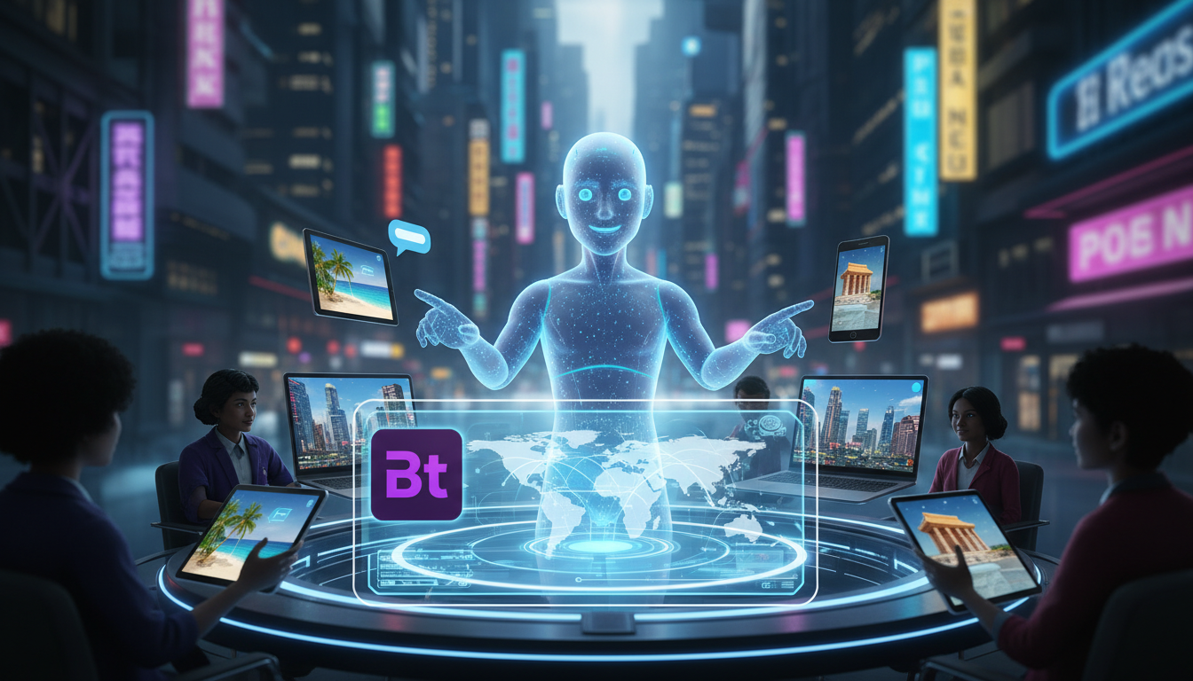 Como a automação do Instagram API está mudando o mercado de turismo — Um agente de IA representado como um assistente virtual amigável, atendendo simultaneamente várias solicitações de clientes de dif