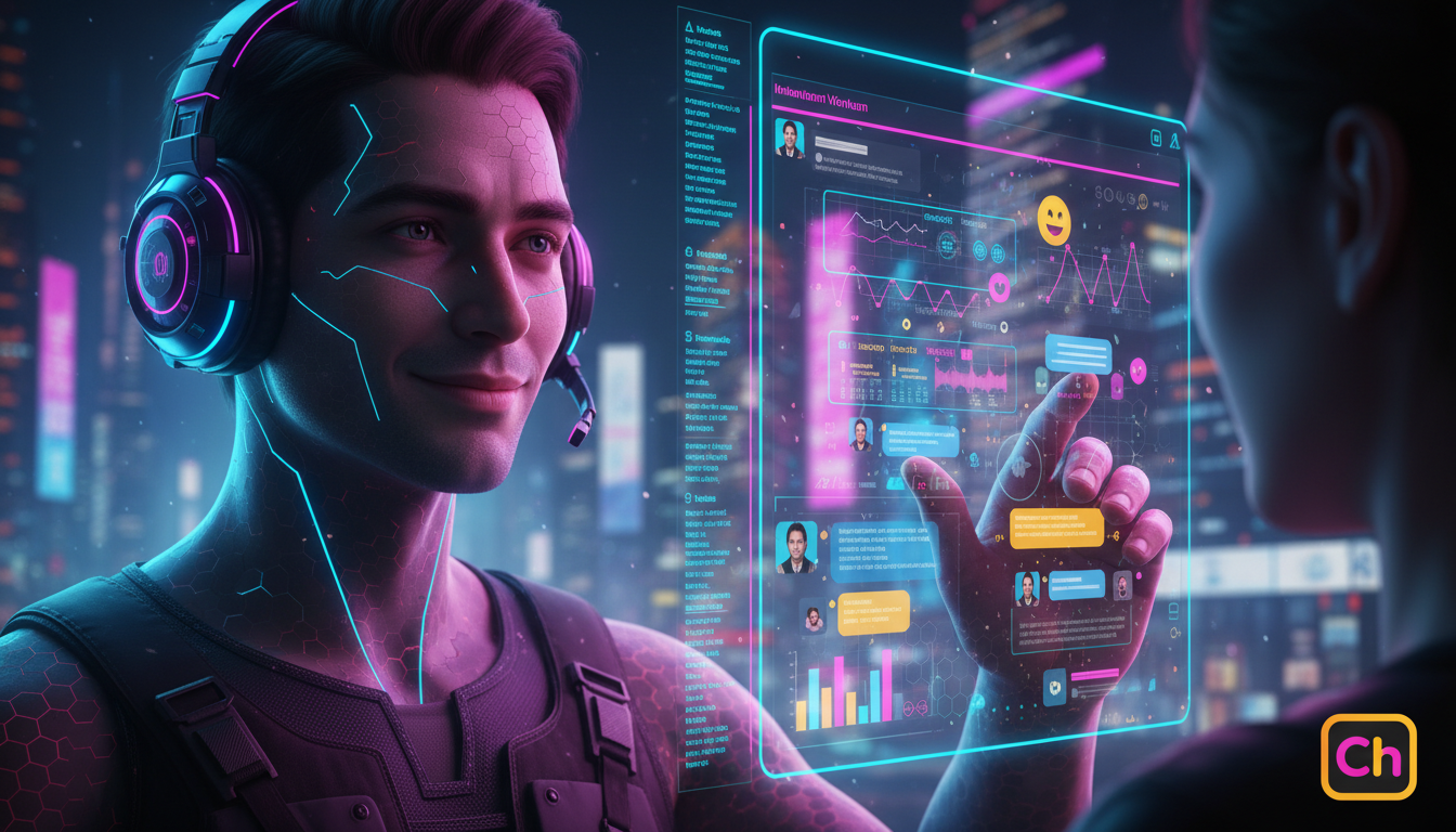 Como a automação do Instagram API evoluirá nos próximos 5 anos — Um agente de IA personificado como um assistente virtual amigável, interagindo com um usuário através de uma interface de chat do Insta