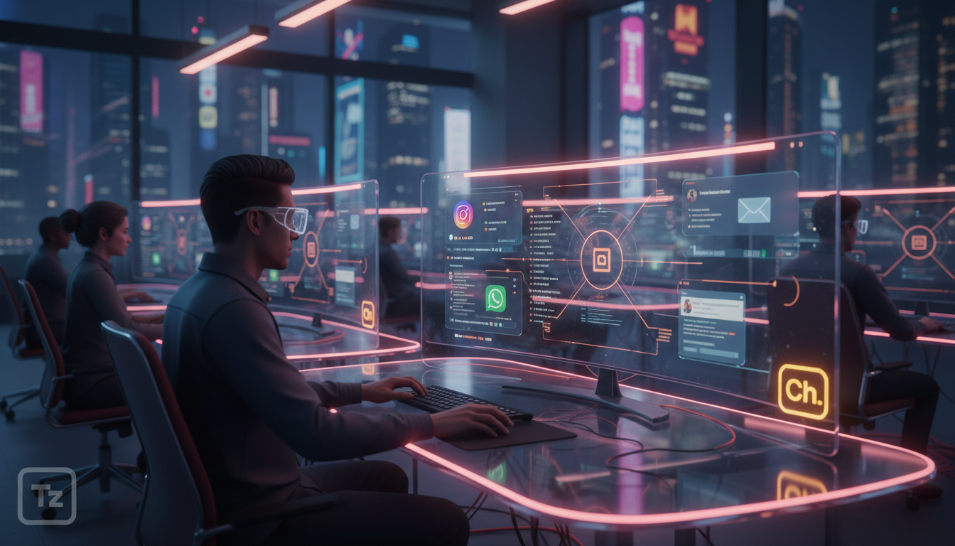 Como a Automação do Instagram Evoluirá nos Próximos 7 Anos — Uma central de atendimento omnichannel moderna e minimalista com vários atendentes trabalhando em seus computadores. Em cada tela, diferent