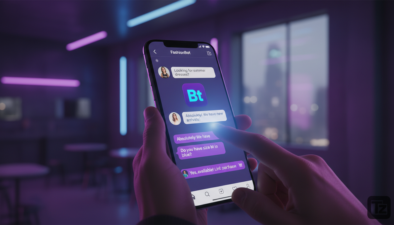 Como a Automação do Instagram Evoluiu e Para Onde Vai — Um close-up das mãos de uma pessoa interagindo com um chatbot de atendimento ao cliente no Instagram, em um smartphone. O chatbot exibe o logo d