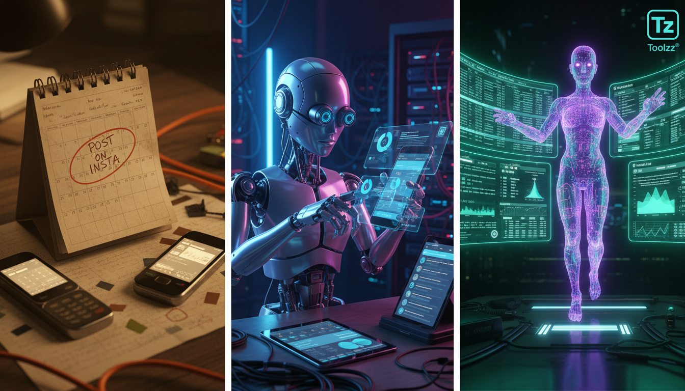 Como a Automação Instagram impacta Vendas em Contabilidade — Ilustração digital mostrando a evolução da automação no Instagram ao longo do tempo. Começando com um simples agendador de posts analógico 