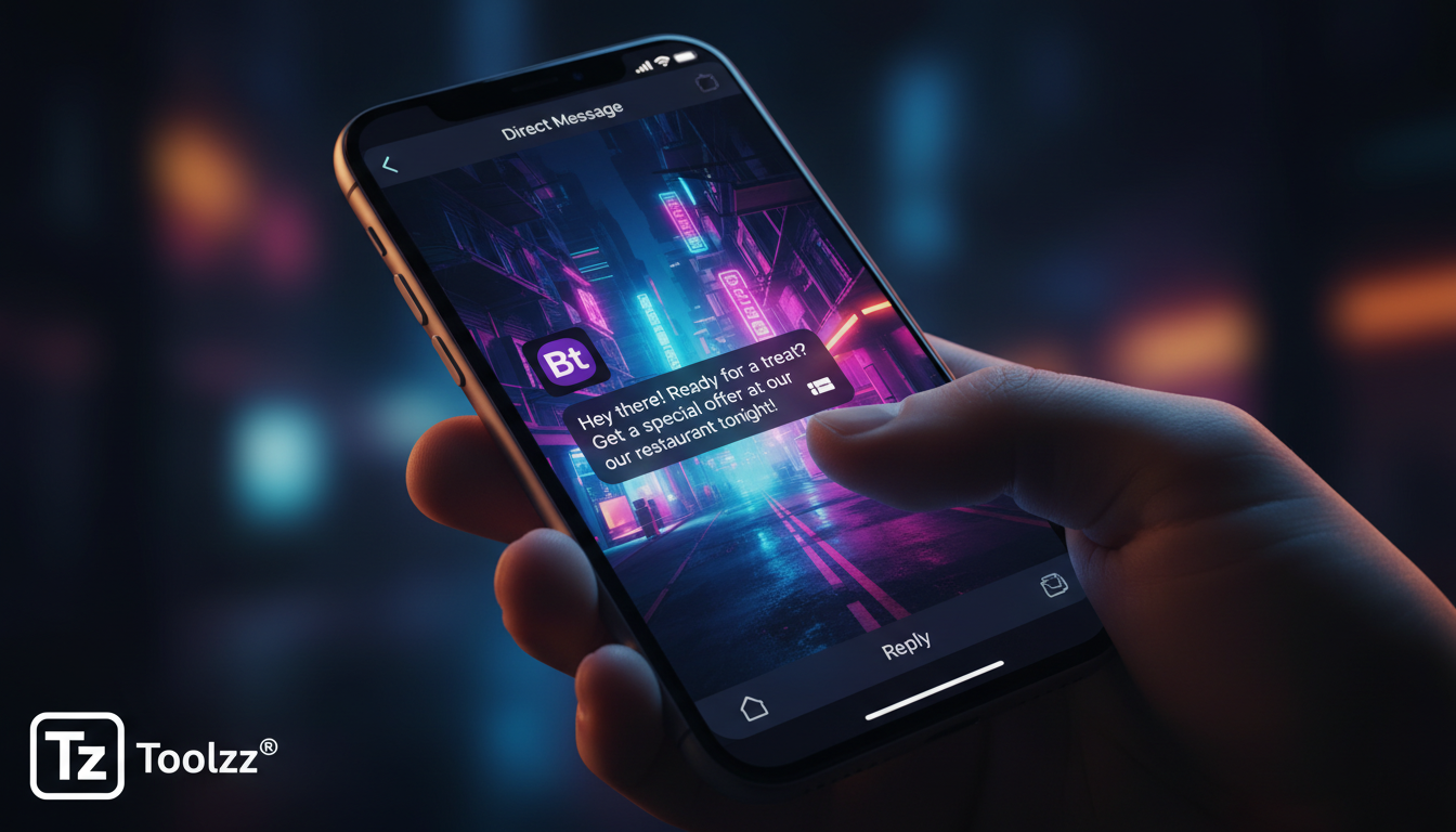 Como a automação no Instagram reduz erros humanos em marketing — Um close-up de um smartphone exibindo uma conversa automatizada no Instagram Direct. A mensagem de boas-vindas personalizada inclui o n