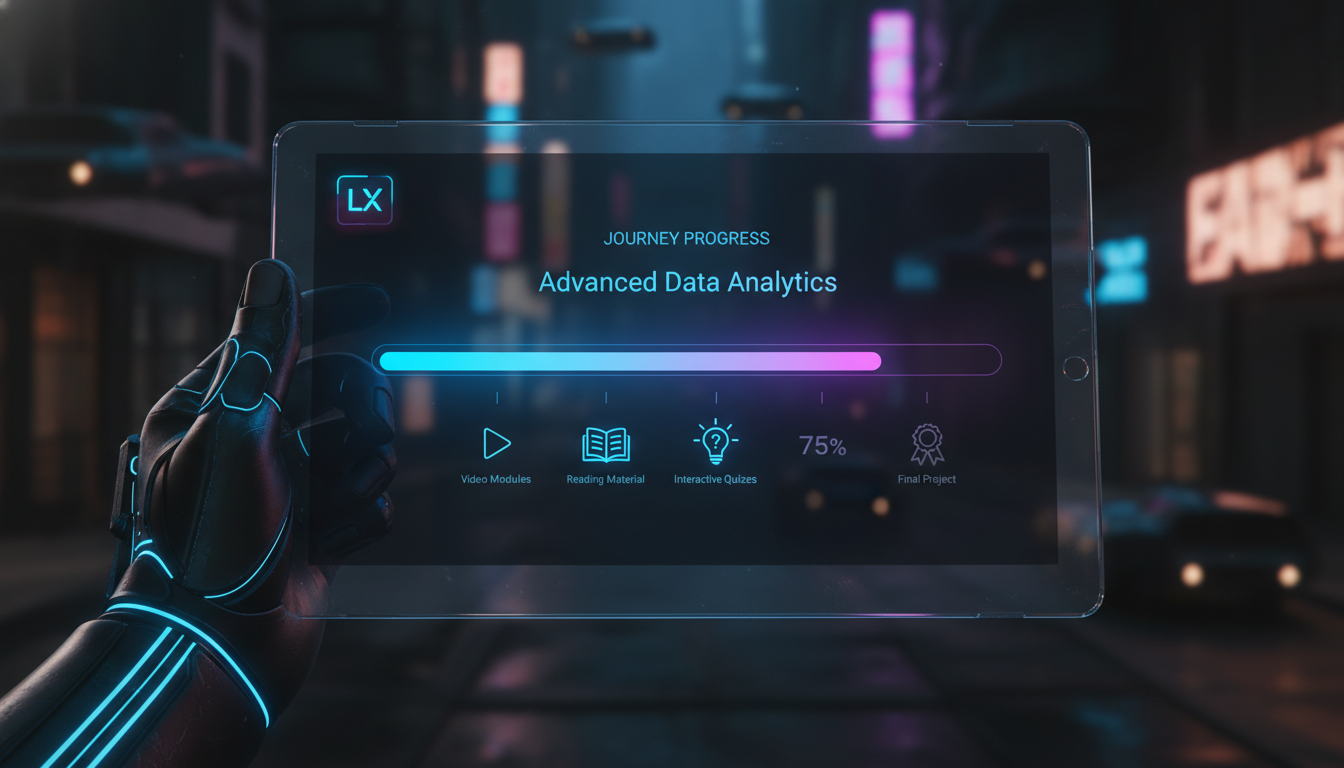 Como a Barra de Progresso está mudando o mercado de Educação Corporativa — Close-up em um tablet exibindo a interface da Toolzz LXP. A barra de progresso de um curso é o destaque, mostrando um preench
