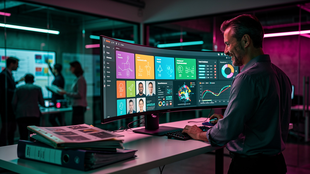 Como a Educação Corporativa evoluiu e para onde vai — Um instrutor em um escritório moderno, usando um painel de controle da Toolzz AI. O painel mostra dados personalizados de aprendizado para cada co