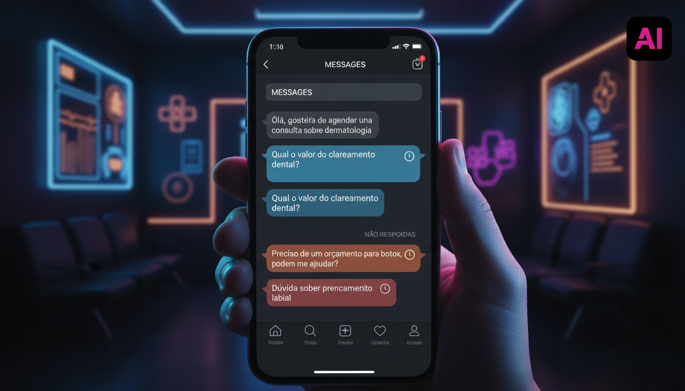 Como a IA aumentou vendas em 15% para clínicas e consultórios — Uma tela de celular mostrando um feed de DMs do Instagram de uma clínica. As mensagens variam entre perguntas sobre agendamentos, orçame