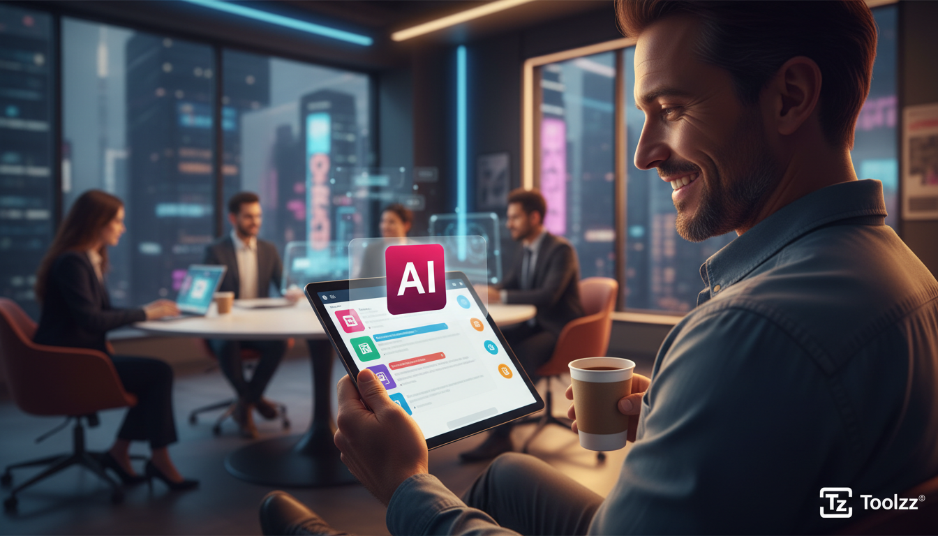 Como a IA está reinventando o setor de Seguros — Um cliente sorrindo e interagindo com um chatbot de atendimento ao cliente em um tablet. O chatbot exibe o logo da Toolzz de forma proeminente. O fundo