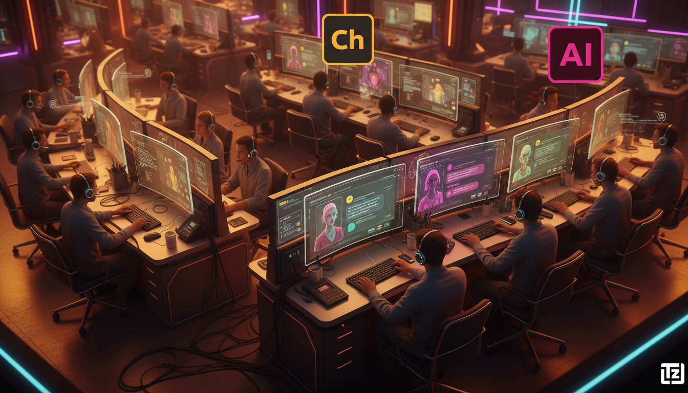 Como a IA está Transformando o Atendimento ao Cliente — Um call center movimentado, visto de um ângulo superior incomum, mostrando diversos agentes trabalhando em seus computadores. Em algumas telas, 