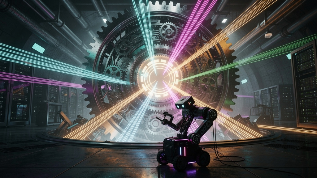 Como a IA Generativa está reinventando o SEO em 2026 — Uma ilustração digital mostrando um motor de busca estilizado como uma engrenagem gigante, com raios de luz representando dados e informações con