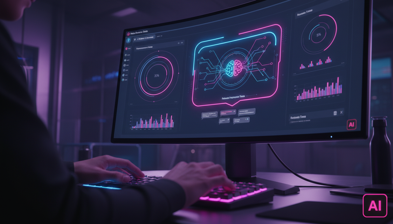 Como a IA na Meta Business Suite Economiza Tempo em Atendimento — Close-up das mãos de uma pessoa digitando em um teclado, com a tela de um computador ao fundo mostrando um dashboard da Meta Business 