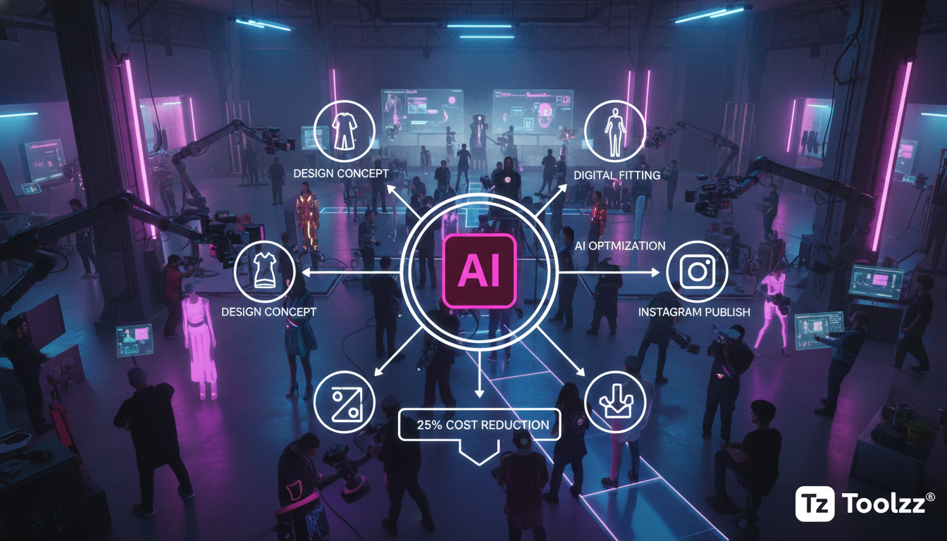 Como a IA no Instagram pode reduzir custos em até 25% para moda — Uma vista aérea de um estúdio fotográfico de moda movimentado, com modelos, fotógrafos e assistentes trabalhando em ritmo acelerado. S