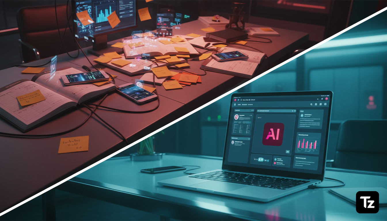 Como a IA para Instagram Business evoluiu e para onde vai — Split-screen infographic. Top panel: A chaotic, overflowing desk covered in sticky notes, appointment books, and multiple phones ringing sim