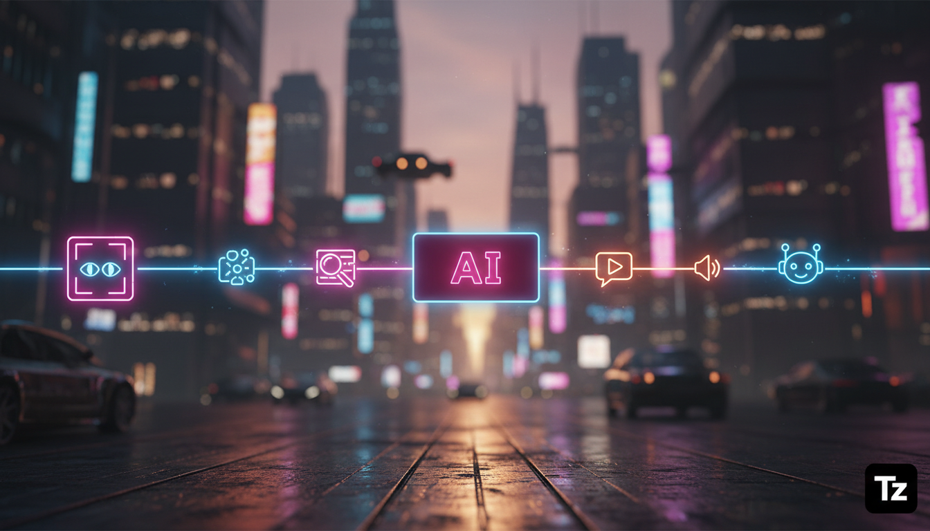 Como a IA para Instagram evoluiu e para onde vai — Representação visual da evolução da IA no Instagram Business. Uma linha do tempo estilizada mostrando o progresso da IA, começando com reconhecimento