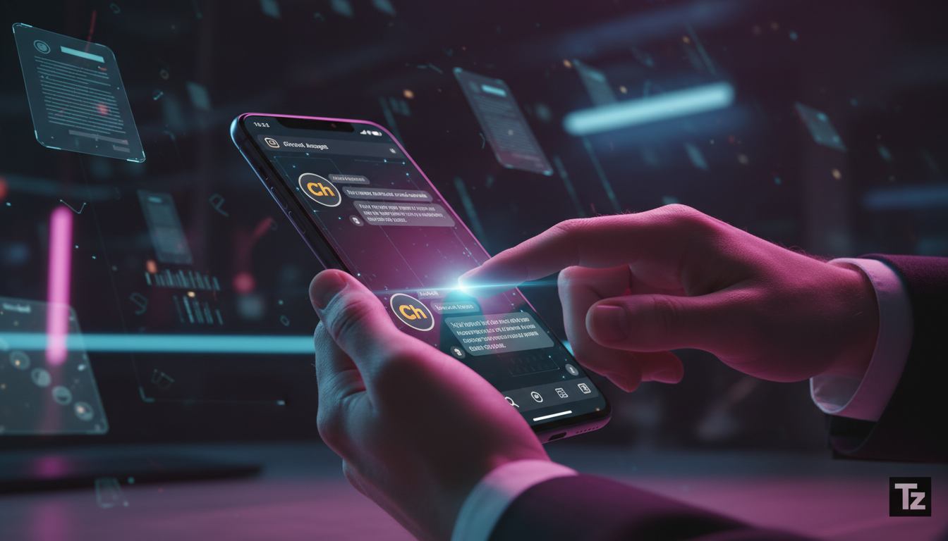 Como a IA para Redes Sociais está mudando o mercado da Advocacia — Close-up das mãos de um advogado digitando em um smartphone. Na tela do celular, uma interface de chat do Instagram com um agente de 