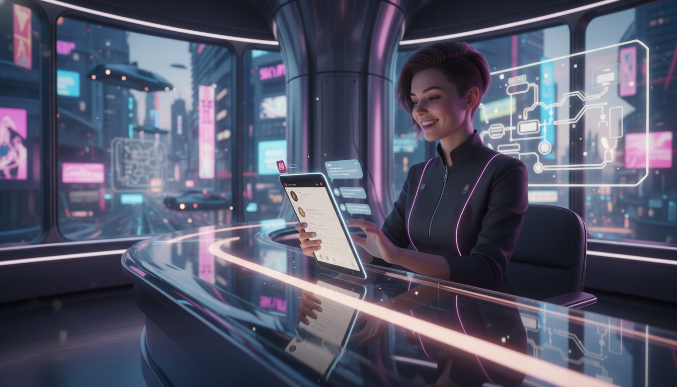 Como a IA para Redes Sociais evoluirá nos próximos 7 anos — Um consultório médico moderno com uma recepcionista ocupada respondendo a mensagens no Instagram em um tablet. No canto da tela do tablet, u