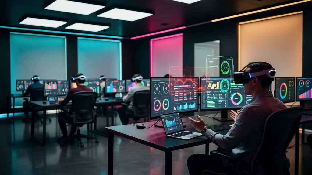 Como a IA reduz erros humanos em treinamento corporativo em 2026 — Uma sala de treinamento corporativo futurista, com colaboradores usando dispositivos de realidade virtual. A Toolzz LXP é exibida nas