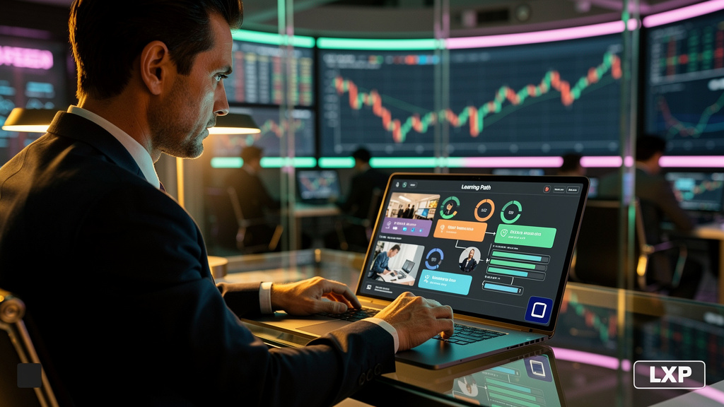 Como a IA Transforma a Educação Corporativa no Setor Financeiro — Um profissional do setor financeiro sentado em uma mesa moderna, utilizando um LXP da Toolzz em um tablet. A tela do tablet exibe uma