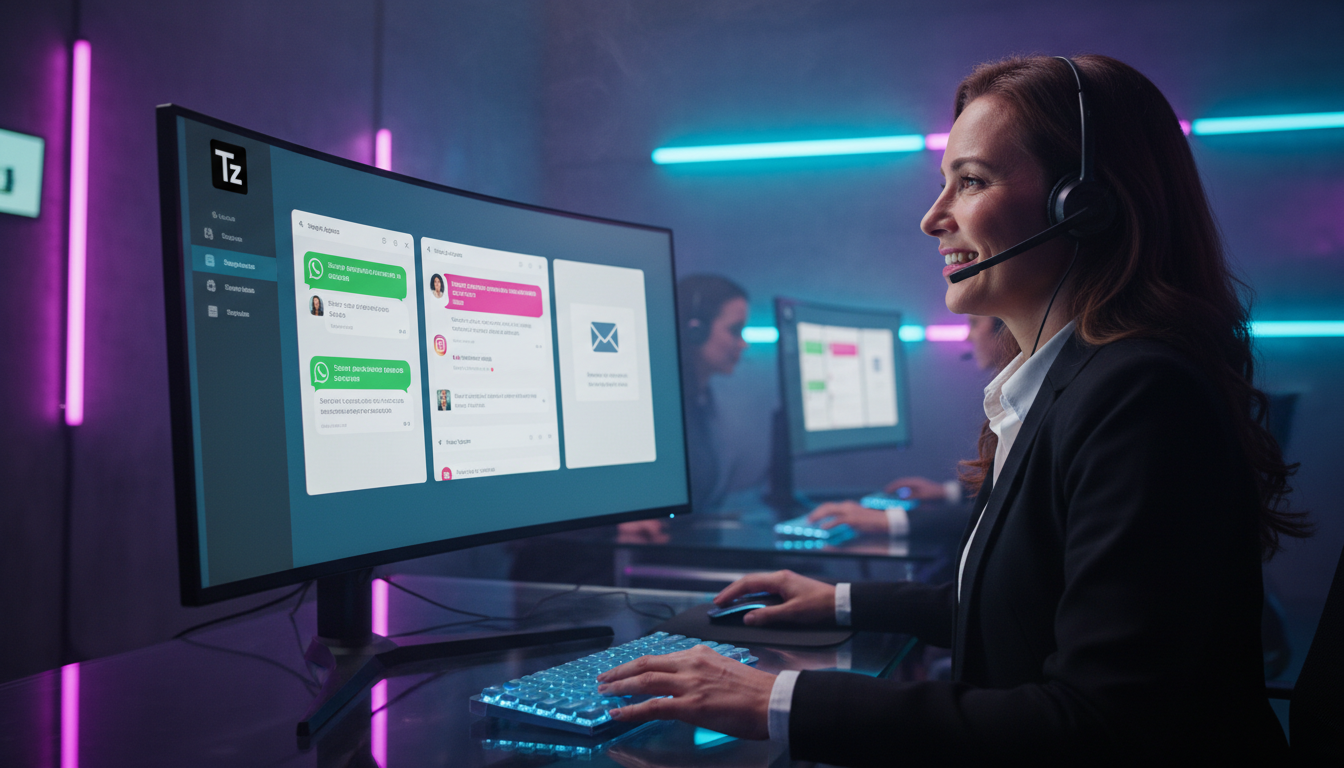 Como a Meta Business Suite IA está reinventando o setor de seguros — Um atendente de seguros sorrindo, usando um headset e olhando para um dashboard unificado da Meta Business Suite em seu computador.