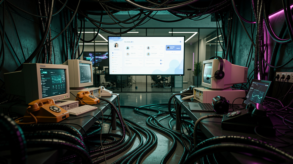 Como a personalização impacta o atendimento corporativo em 2026 — Um labirinto complexo de cabos e fios conectando diferentes dispositivos de comunicação (telefones antigos, computadores desktop, tabl