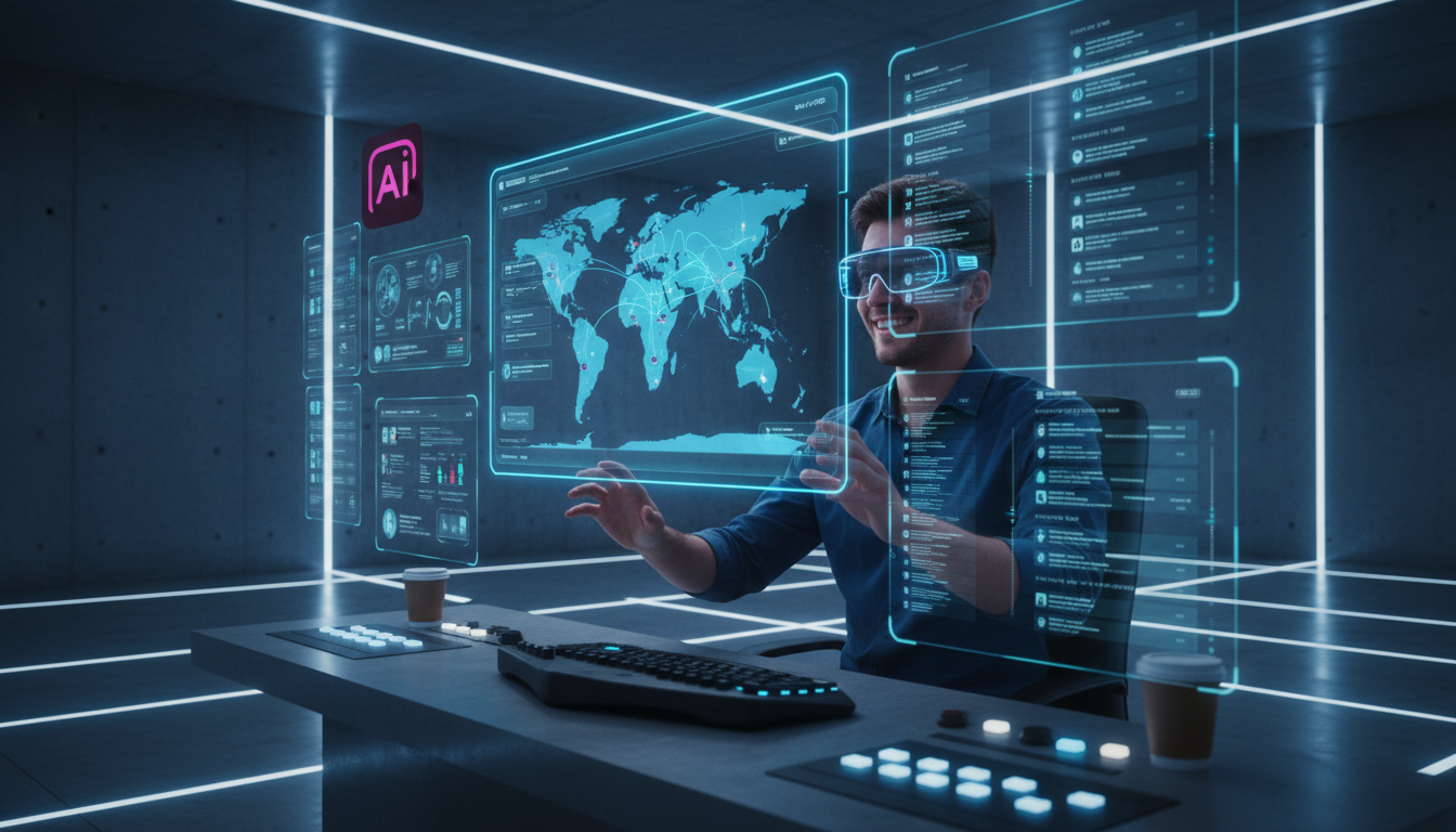 Como a Toolzz resolve a automação do Instagram em 2026 — Uma sala de controle moderna e minimalista, iluminada por telas holográficas que exibem feeds do Instagram em tempo real. Um analista de market