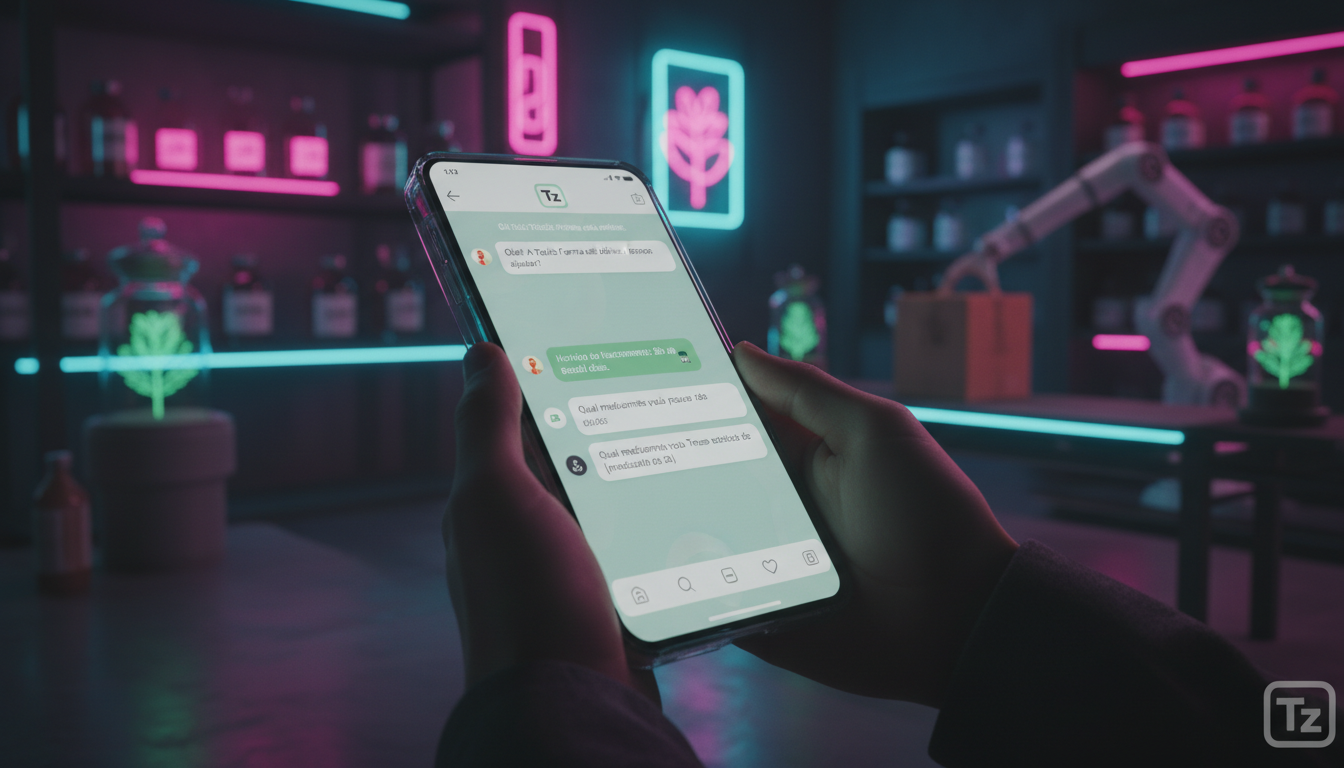 Como a Toolzz resolve a automação Instagram em farmácias — Uma tela de smartphone mostrando um chatbot do Instagram respondendo automaticamente a perguntas frequentes sobre horários de funcionamento e